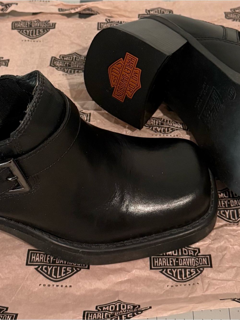 Harley-Davidson women’s Black Leather Short Rider Boots with Orange Logo Heel